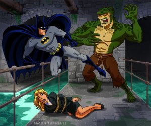 Batamn leaps to the rescue of a woamn who has been kidnapped by Killer Croc in the sewers.