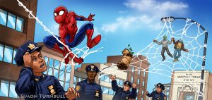 Spiderman swings through the sky while some cops look on.