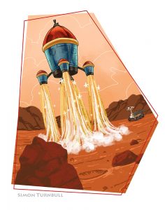 A picture book illustration of a fanciful rocket touching down on Mars.